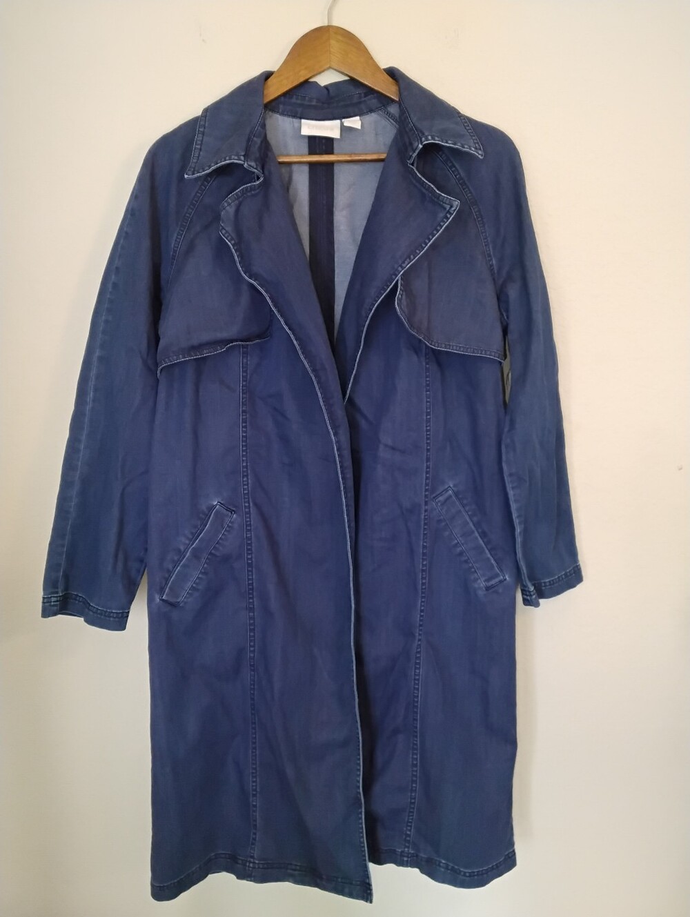 Chicos Denim Trench Coat Sz 1 Dark Wash Jean Jacket Western (missing waistband)